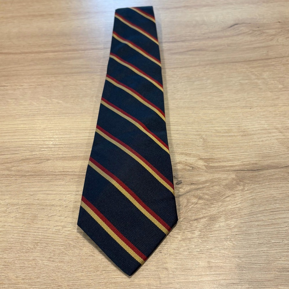 Aquascutum London Mens Silk Tie Navy Red Gold Striped Made in England Regimental